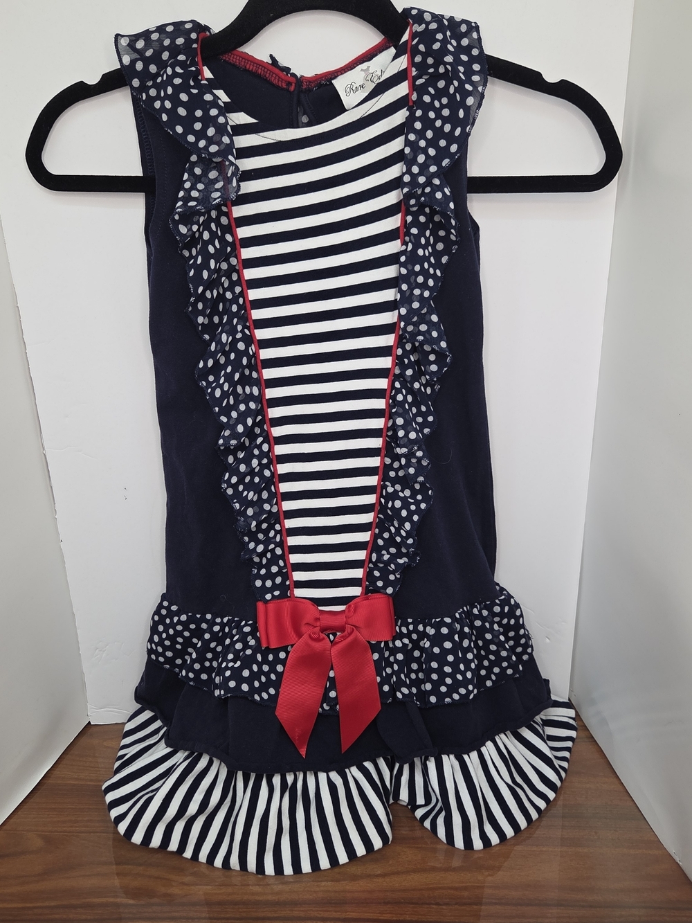 Rare Editions Navy White Red Polka Dot Stripe Dress Girls Sz 8